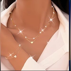 Elegant 3pcs Heart-Shaped Pearl Necklace Bracelet Adjustable 18K Golden Plated